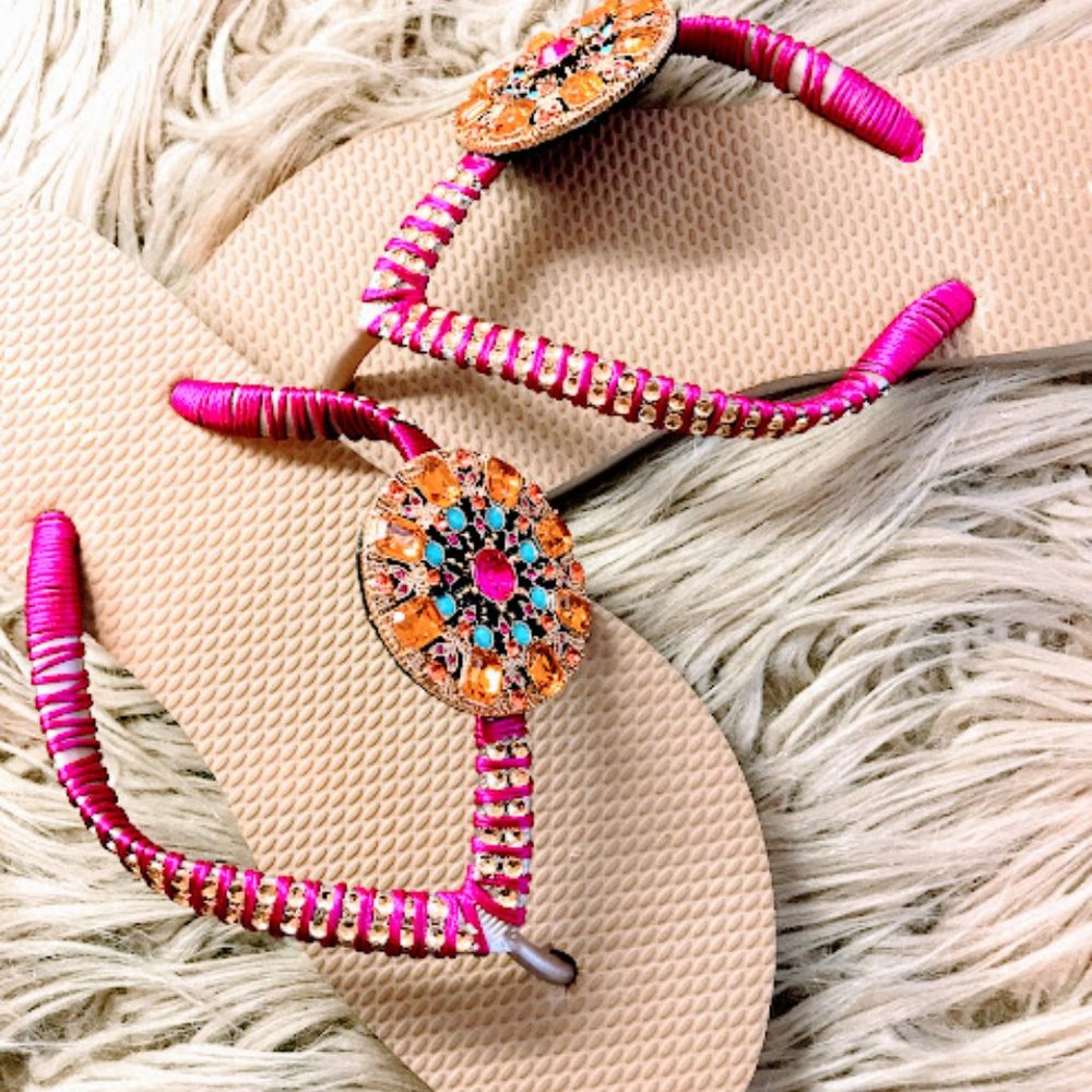 Bridal Flip Flop, Gold And Fupcia Wedding , Gift